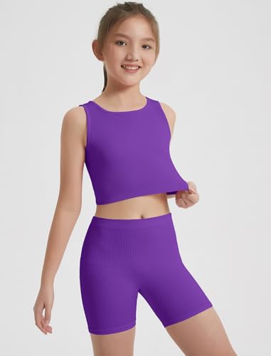 Image of EXARUS Girls 2 Piece Outfits Seamless Ribbed Cropped Tank Top Shorts Set | Teen Two Piece Outfit Tween Summer Dance Vacation Yoga Crew Neck Youth Athletic Workout Set Kids High Waist Elasticity 6-14Y