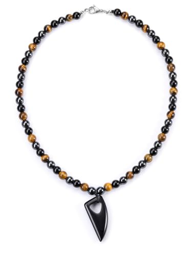 Jovivi Healing Crystals Natural Black Obsidian Tigers Eye Hematite Beaded Necklace Wolf Tooth Necklace Crystal Amulet Stone Pendant for Men Women Triple Protection Jewelry Gifts3