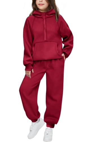 Image of Arshiner Girls 2 Piece Outfits Sweatsuit Half Zip Sweatshirt and Sweatpants | Fall Winter, Drop Shoulder Long Sleeve, Thumbhole Hoodies, with Sweatpant, Jogger Set, Sweat Set, Tracksuits with Pockets
