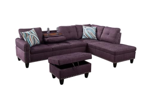 Image of L-Shaped 3-Piece Linen Sofa with Ottoman, Sectional Couch Set for Living Room, Office, Apartment, with Cup Holder, Purple