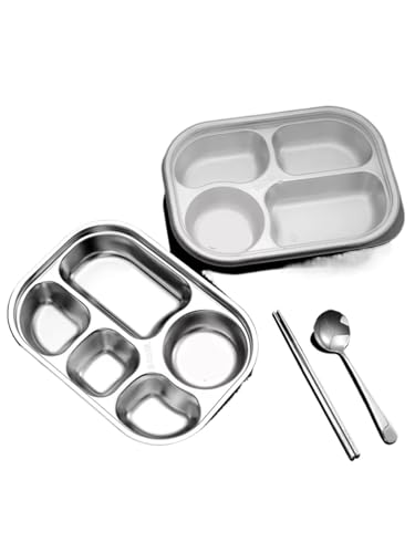 MZYFDC Tupper Acero Inoxidable 1 plato de acero inoxidable dividido con tapa antipolvo, lonchera for estudiantes jardín infantes alta capacidad(Deep 5 Grids)