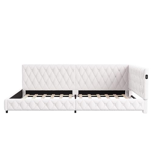 QSFCUB Polsterbett Schlafsofa 140x200, Eckbett Sofabett mit LED und USB, L-förmiges Tagesbett Schlafsofa mit Lattenrost, Kinderbett Jugendbett Daybett Doppelbett, Teddy-Samtstoff (Weiß-B01, 140x200)