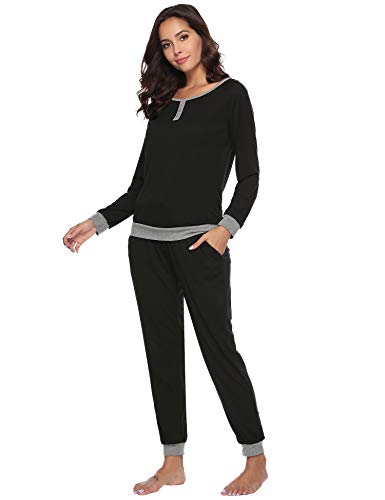 Aibrou Women's Cotton Long Sleeve Pajamas Set Soft Sleepwear Loungewear