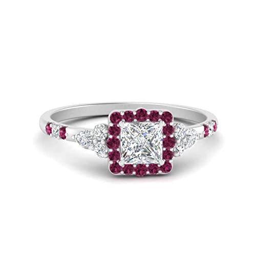 Image of Choose Your Color 925 Sterling Silver Princess Shape Petite Engagement Rings Halo Edwardian Engagement Ring Everyday Wedding Jewelry Handmade Gifts for Wife : US Size 4 to 12