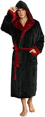 U2SKIIN Mens Fleece Hooded Robe Plush Bathrobe (Black/Dark Red, L/XL)