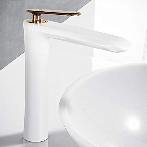 YOHOM Bathroom Sink Tap Basin Mixer Tap Tall Waterfall Monobloc Basin Tap Bathroom Faucet Single Lever Solid Brass Hot & Cold, White Cover