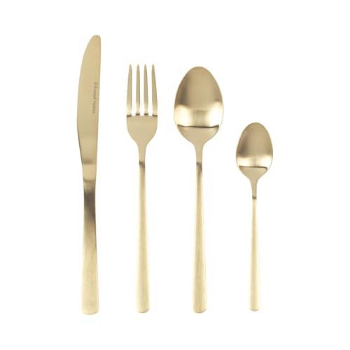 Russell Hobbs Vienna 16 Piece Cutlery Set 18/0 Stainless Steel Silverware Service for 4 Forks Knives Tablespoons and Teaspoons Dishwasher Safe Flatware Gold Satin Finish