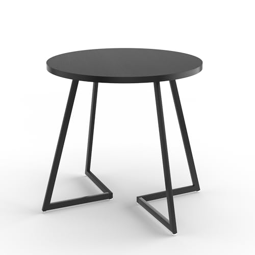 VECELO Round Dining Room Table with Wood Grain Tabletop and Steel Frame for Kitchen Living Room Office Conference 2 to 4 Person Wood Grain Black