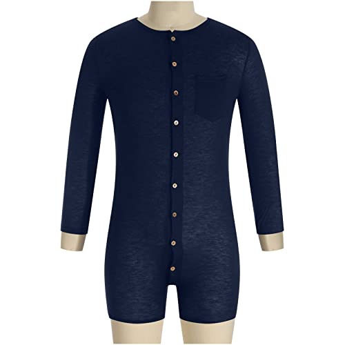 Mens Short Sleeve Onesie Sexy Henley Jumpsuit Pajama One Piece Stretchy Cotton Button Down Shorts Romper Loungewear3