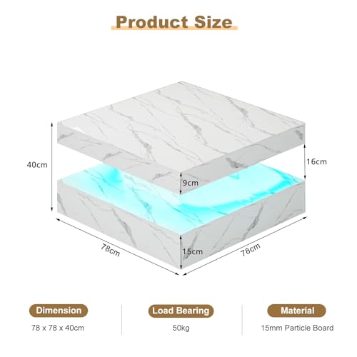 KEEPREAPER White Marble Square Coffee Table for Living Room, Modern Coffee Tables with Storage, LED Light Coffee Table 2-Tier Square Middle Center Table,Contemporary Wood Tea Tables for Dining - Image 2