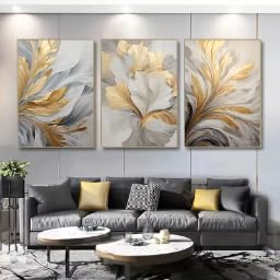 DIHANSM 3-teiliges Leinwandbild-Set „Goldene und weiße Blätter“ – Poster-Leinwanddruck – Wandkunst – Luxusposter – Wohnzimmer – Schlafzimmer – Büro (60 x 80 cm x 3 / Galerie-Rahmen)