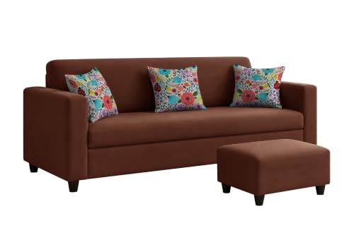 Image of Rosebell 3 Seater Sofa with Ottoman | Living Room Couch | with Printed Cushions | Sofa for Home, Apartment & Office-Brown Color