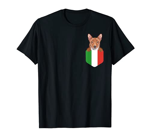 Italy Flag Basenji Dog In Pocket T-Shirt, Black