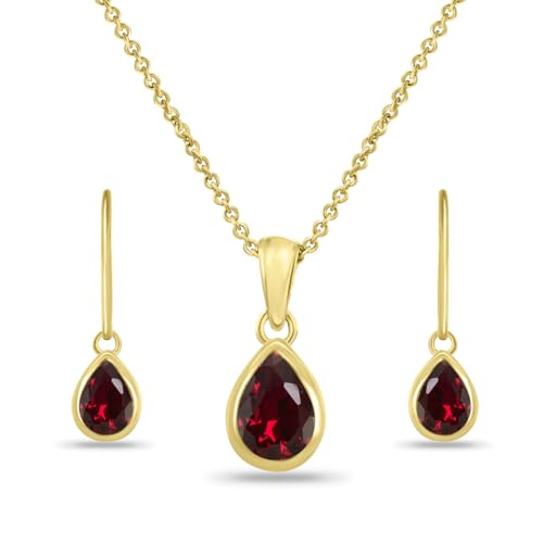 Yellow Gold Flashed Sterling Silver Simulated Ruby Teardrop Bezel-Set Pendant