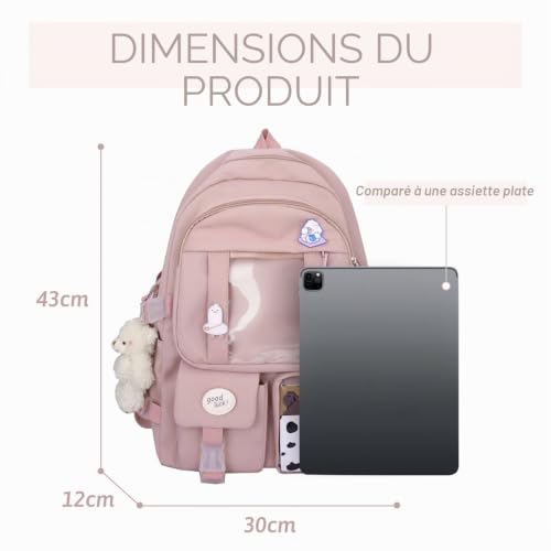 Sac à dos nylon adolescent multi-poches rose grand volume imperméable