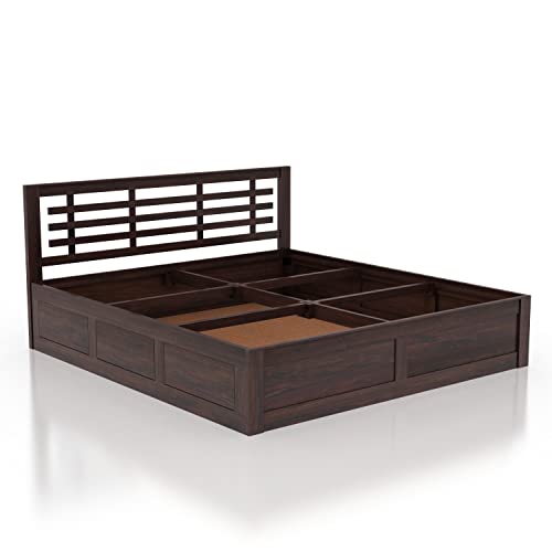 Image of Ganpati Arts Solid Sheesham Wood Lyon King Size Bed with Box Storage for Bedroom Furniture (Walnut Finish) 1 Year Warranty