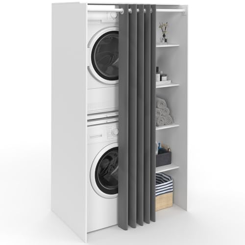 IDMarket - Meuble de buanderie Double Machine à Laver avec Rideau Coulissant Wallis Blanc