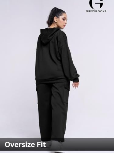 Image of GRECIILOOKS Co-ord Set for Women Stylish | Oversized Loose Fit Cotton Winter Hoodie set | Woolen Sweatshirts & Hoodies & T-Shirt For Girl | Casual Solid Full Sleeves Women Stylish Hoodie with Pocket