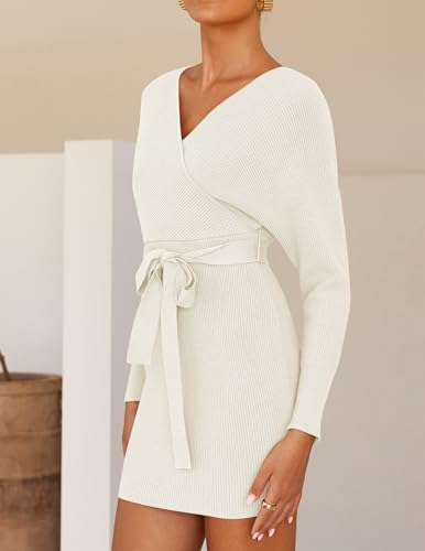ZESICA Women's Fall Long Batwing Sleeve Wrap V Neck Knitted Backless Bodycon Pullover Sweater Dress with Belt4