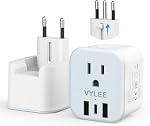 2 Pack European Travel Plug Adapter, VYLEE Foldable Travel Adapter with 3 USB (1 USB C Port) and 1 AC Outlets Charger for Canada to Most of Europe - EU France Germany Spain Italy