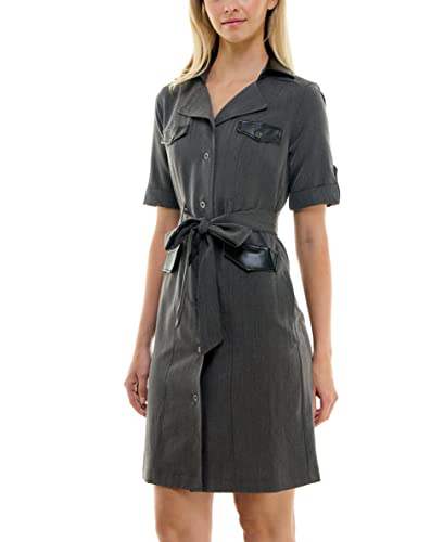 Sharagano Women's Belted Shirtdress With Short Roll Tab Sleeves, Charcoal Black, 12 #TOP2