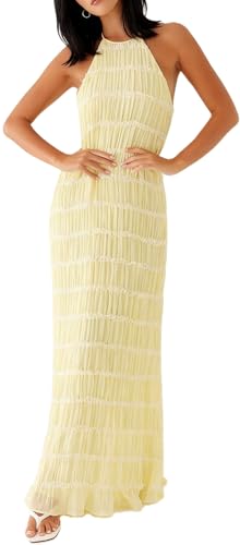 Image of Yiulangde Women's Backless Smocked Maxi Dress Sexy Spaghetti Strap Cut Out Flowy Beach Long Dress Vacation Casual Sundresses