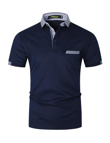 Image of VMSUCIJ Men's Polo Shirts Short Sleeve Cotton Regular-Fit Collared Golf T-Shirts with Real Pocket,Blue 02,L