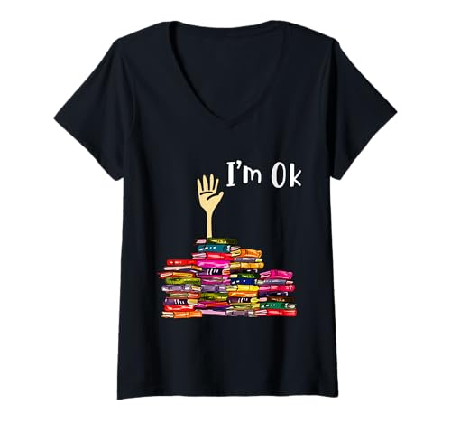 Mujer Leyendo Libros Bibliotecario Lector Nerd I'm Ok Teacher School Camiseta Cuello V