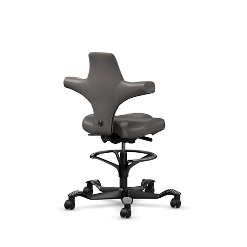 Image of HAG Capisco Sit to Stand Chair-Black Frame-Upholstered Gray Ash Vinyl-with Foot Ring
