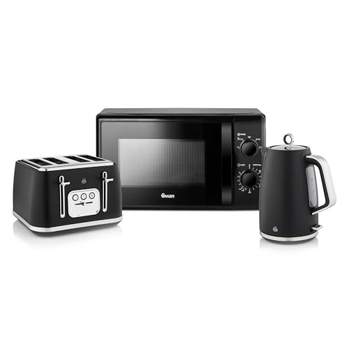 Swan Serenity Kitchen Set,1.7L Jug Kettle, 4 Slice Toaster, 700W Microwave, SK14017BLK + ST19024BLK + SM4420BLK, Black