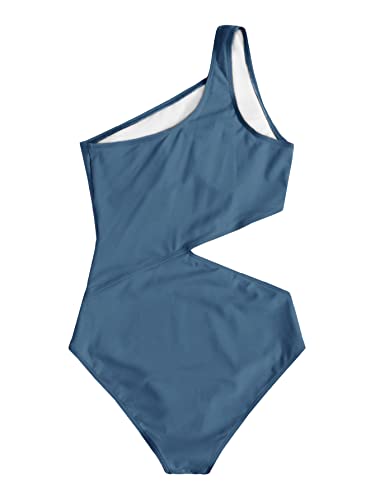 Sweatyrocks Women's Bathing Suits One Shoulder Cutout One Piece Swimsuit Swimwear Monokini Solid Blue Small #TOP1