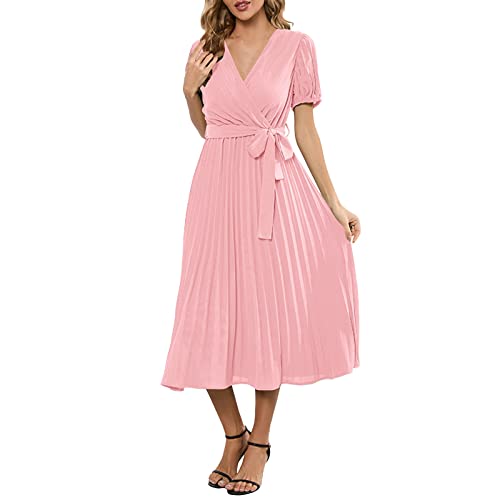 Abito Lungo Plissettato con Scollo a V e Maniche Corte