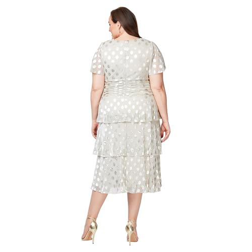 Image of S.L. Fashions Women's Short Sleeve Tea Length V-Neck Mother of The Bride Dress with Ruched Waist, Wedding Guest (Plus Size)