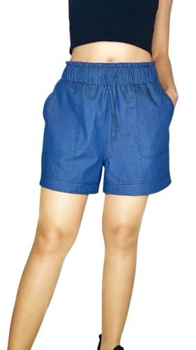 Vaqueros Cortos de Algodon Mujer Cómodos, Pantalones Ligeros y Frescos con Bolsillos Tejido Suave Verano (Vaquero Azul Indigo, S)