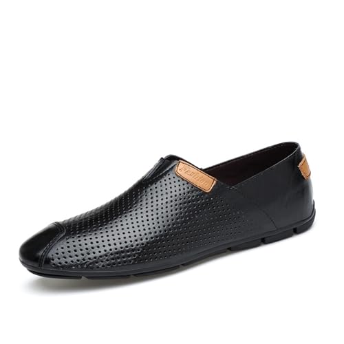 Men's Genuine Leather Flat Loafers Breathable Punching Round Toe Non-Slip Slip-On Fashionable Driving Casual Shoes Light Work Walking Flat Shoes