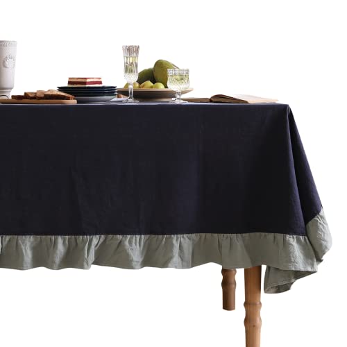 Patdrea Blue Farmhouse Ruffle Tablecloth Rectangle Ramie Table Cloth Thick Gorgeous Country Vintage Shabby Chic Tablecloth For Dining Room Party Holiday Decor 55" X 71" #TOP4