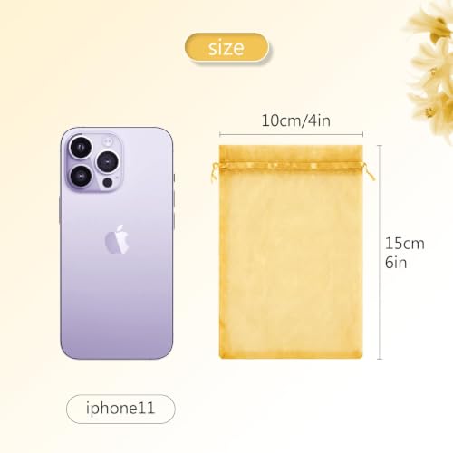 Image of FUNFERY 100PCS Gold Organza Gift Bags 4x6in,Drawstring Pouch for Jewelry