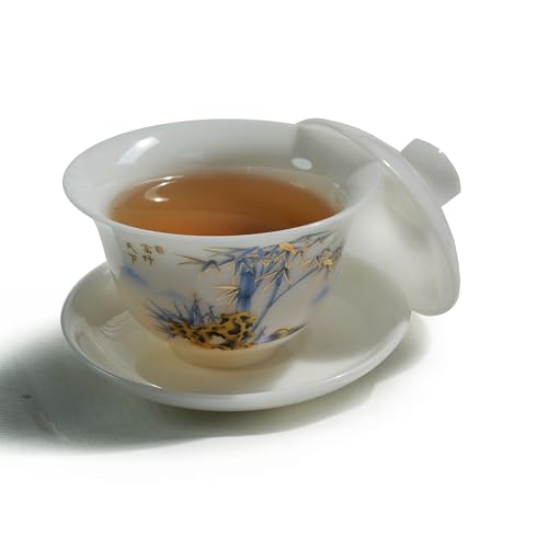 Image of Liang baobao Ice Jade White Porcelain Gaiwan,5oz Teacup Suet-fat Jade Porcelain Chinese Tea Cup Set for Gongfu Tea (bamboo)