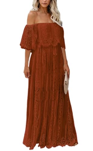 Image of HOYISHION Women's Off The Shoulder Floral Lace Maxi Dress White Bridesmaid Wedding Party Maternity Photoshoot Long Dresses
