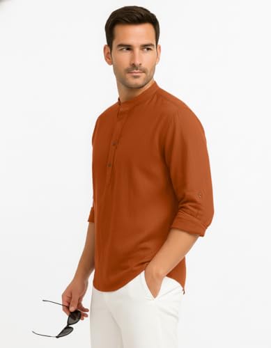 Image of Zombom Men's Cotton Blend Kurta Shirt with Full Sleeves Mandarin Collar Neck Solid Pattern for Men Regular Fit Ethnic Wear Casual Festive Top Modern Style | Cotton Shirt for Mens