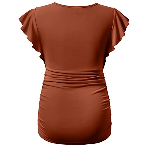 Bhome Maternity Tops Flying Shorts Sleeve Tshirt Side Ruched Pregnant Blouse Casual Pregnancy Tunic Caramel M #TOP1