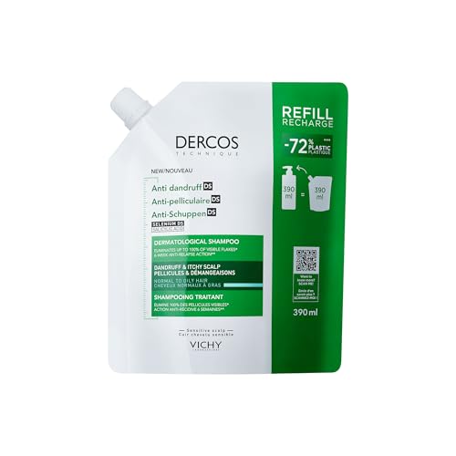 Vichy Dercos Anti-Schuppen DS, Dermatologisches Anti-Schuppen-Shampoo für normale bis fettige Kopfhaut und fettiges Haar, Anti-Rückfall-Wirkung, mit Selen DS und Salicylsäure, Nachfüllpackung, 390 ml