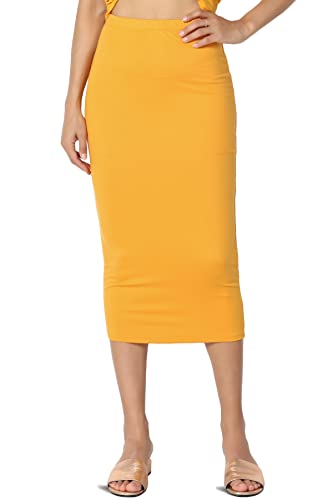 TheMogan Women's High Rise Buttery Soft Lined Mid Calf Bodycon Midi Pencil Skirt Mustard L