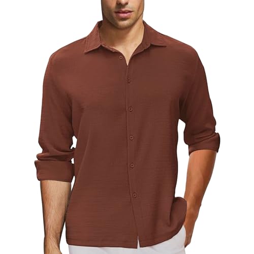 FWAY Camicia da Uomo Casual a Maniche Lunghe con Bottoni in Tinta Unita Camicia da Spiaggia in Lino Tinta Unita