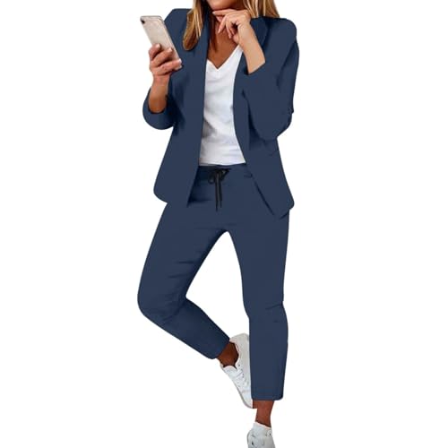 Hosenanzug Damen Elegant,Einfarbig Zweiteiler,Business Outfit Damen Set,Anzug Women Elegant 2 Teiler,Mollige Frauen,Kostüme & Blazer für Frauen Deals Marine XL