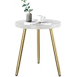 Round Side Table, Wooden Tray Table with Metal Tripod Stand, 3 Gold Legged White Table, Accent Table...