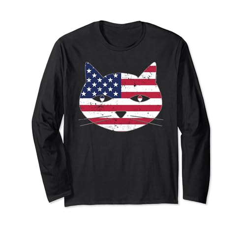 Camisa temática de gato con la bandera de Estados Unidos con la bandera estadounidense Manga Larga