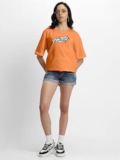 Veirdo® Pure Cotton Round Neck Oversized Baggy Fit Latest Stylish Front & Back Graphic Printed Half Sleeve Boyfriend T-Shirt for Women (Color Options- Black, Orange, Royal Blue & Lilac)