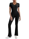 Fisoew Womens One Piece Jumpsuits Casual Short Sleeve V Neck Flare Tummy Control Slit Full Length Romper Playsuit