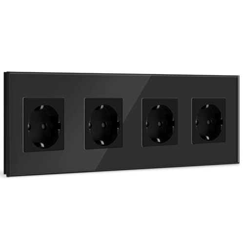 BSEED Schuko Steckdose 4 Fach Kristall Glas Platte Steckdose 16Amp Unterputzsteckdose 299mm Schwarz Verlängerungssteckdosen Wandsteckdose – Ansicht 1